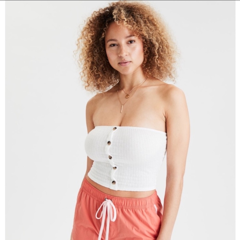 American Eagle White Tube Top Crop Top Button Down
